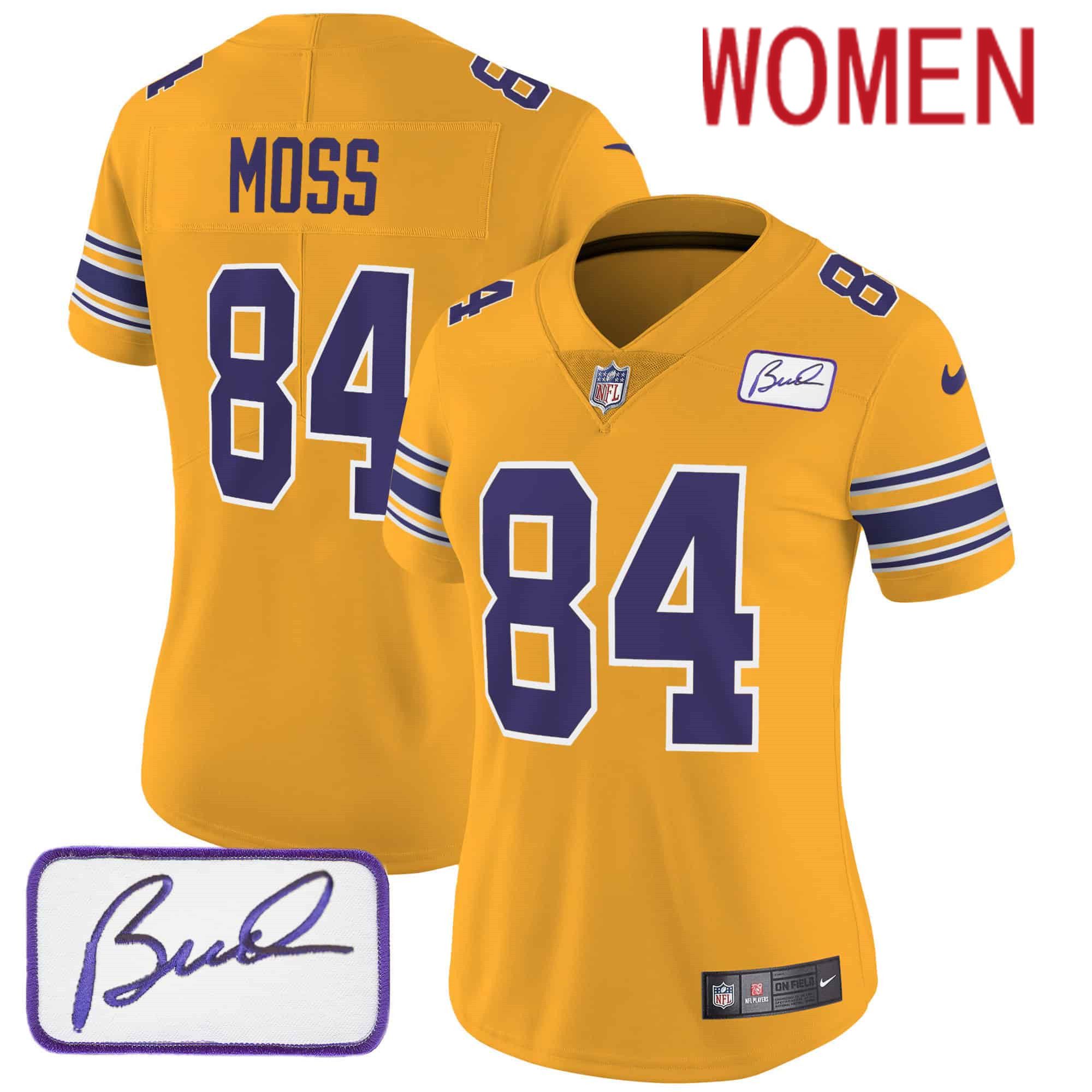 Women Minnesota Vikings 84 Moss Yellow 2024 Nike Bud Grant Patch Classic Limited NFL Jersey